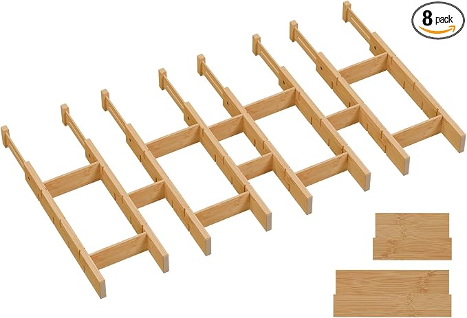 Bamboo Drawer Dividers, Expandable Kitchen Drawer Organizer | Include 8 Dividers, 8 Small Inserts and 8 Medium Inserts for Home, Office, Dressers