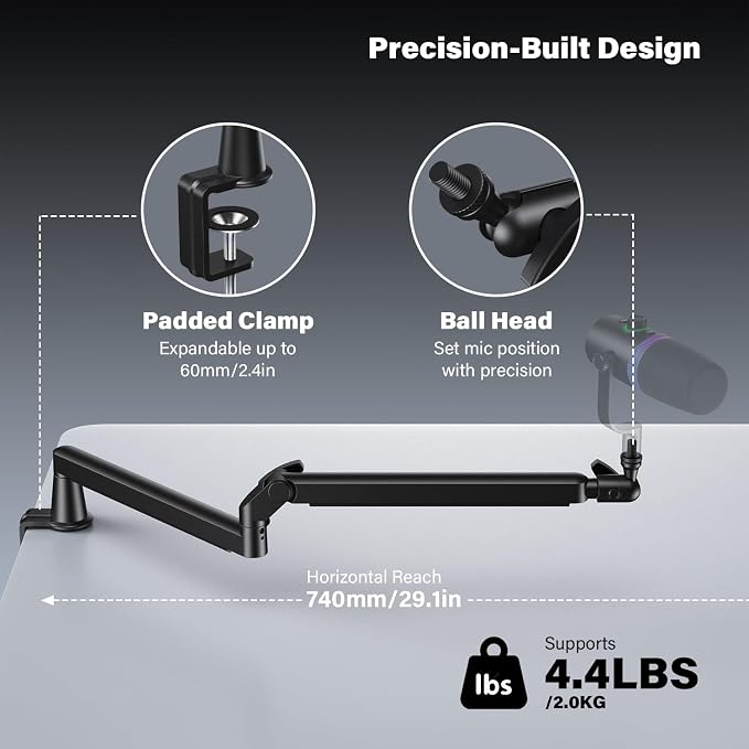 Low Profile Mic Arm, Cable Management Microphone Boom Arm, Full Aluminum Adjustable Mic Stand with Desk Clamp, 360°Rotatable Heavy Duty Microphone Stand for Streaming, Podcasting, Recording