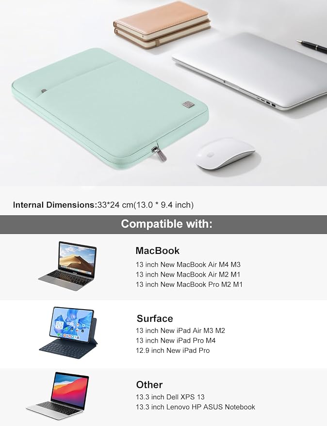 DOMISO Laptop Case Laptop Sleeve Cover Compatible with 14 inch MacBook Pro M4/M3/M2/M1 Pro/Max 2024-2021, Compatible with 13.3 inch HP Dell ASUS Notebook, Water-Resistant Bag with Pocket, Mint Green