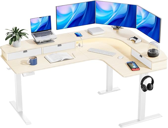 HUANUO 65″ L Shaped Standing Desk with 3 Drawers, Electric Height Adjustable Corner Computer Desk with Power Outlets & LED Strip, Sit Stand Up Desk for Home Office, Natural Wood