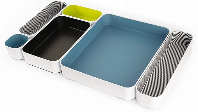 Three by Three Seattle Metal Drawer Organizer Tray Set, 6-Pc, 2" (Assorted) | Deep 2" food-safe colorful metal bins; soft non-scratch base; kitchen, vanity, bathroom & office drawer storage