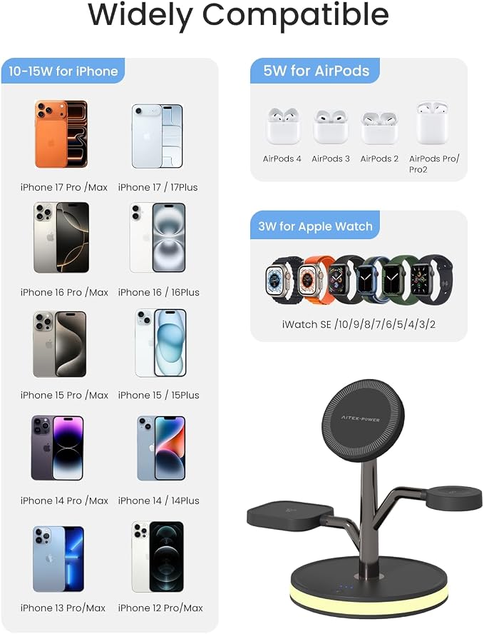 3 in 1 Wireless Charging Station for Apple Device,Fast Charging Tree-Shaped Stand with 20W Adapter,Qi-Certified Charger for iPhone 12-17 Series,Apple Watch,AirPods,Perfect for Office,Nightstand,Dorm