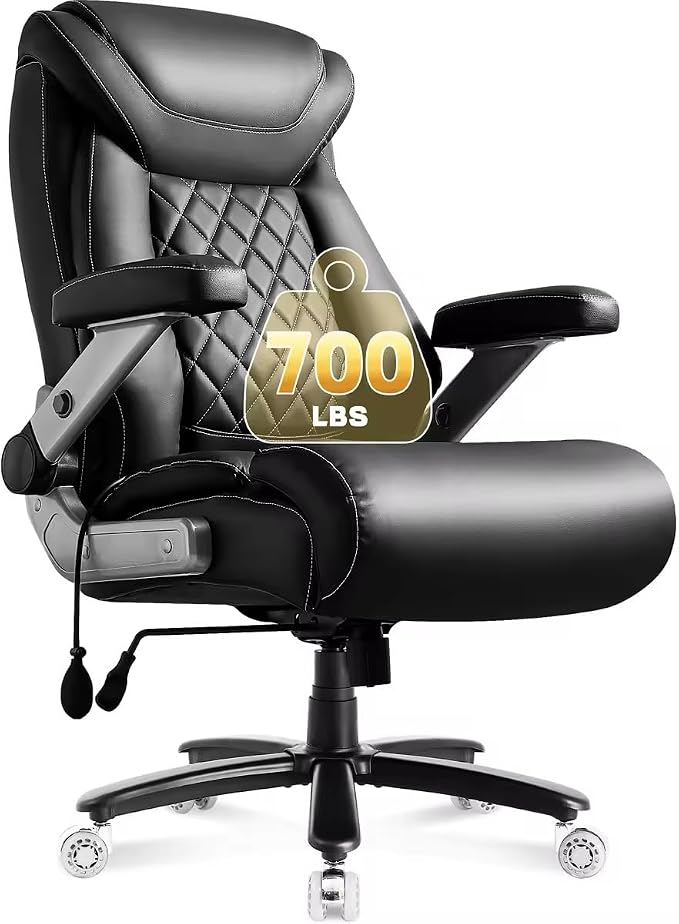 700lbs Big and Tall Office Chair, Ergonomic Heavy Duty Executive Cloth Office Chair with 5D Flip Arms & Adjustable Lumbar Support & Dual Rubber Wheel, Large Thick Padded Extra Wide Seat, Black