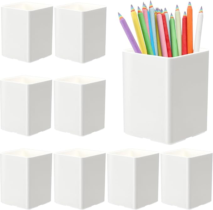 8 Pcs White Acrylic Pen Holder for Desk, Pencil Cup Bulk Makeup Brush Storage Organizer, Desktop Pencil Cup Stationery Desktop Stationery Organizer for Office School Home Supplies