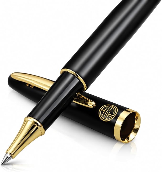 Luxury Gold Rollerball Pen, 24K gold-plated exquisite pen body, stylish and simple design, two ink refills, gift set for men and women, executive writing, office, graduation gift (Black)