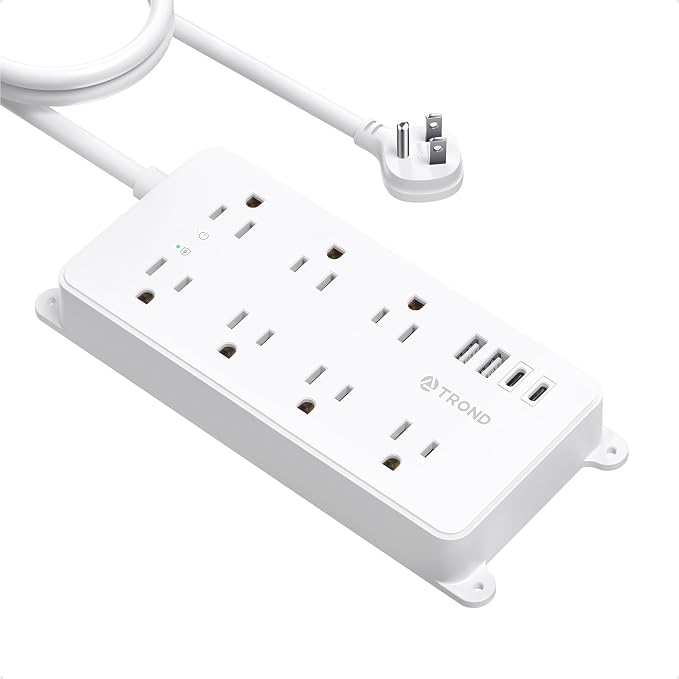 TROND Surge Protector Power Strip 10ft, ETL Listed, Flat Plug Long Extension Cord with 2 USB A and 2 USB C, 7 Widely-Spaced Outlets, Wall Mountable, 1700 Joules, White