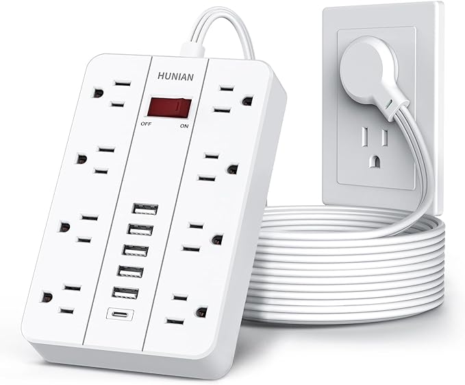 10 Ft Long Extension Cord,Power Strip with Multiple Outlets HUNIAN Flat Plug with 8 Widely Spaced Outlets 6 USB(1 USB C Port), Wall Mount Charging Station for Home and Office,White