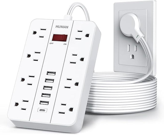 10 Ft Long Extension Cord,Power Strip with Multiple Outlets HUNIAN Flat Plug with 8 Widely Spaced Outlets 6 USB(1 USB C Port), Wall Mount Charging Station for Home and Office,White