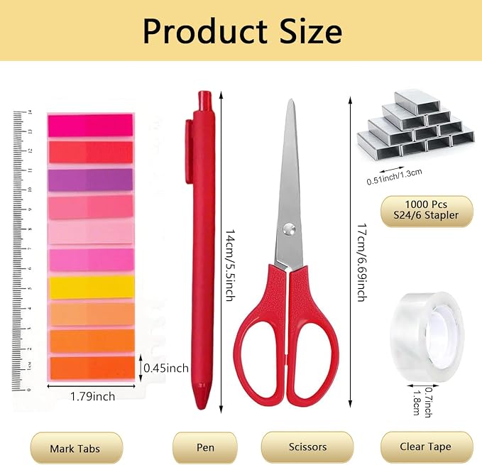 Office Supplies,Red Desk Accessories,Office Supplies Set,Stapler and Tape Dispenser Set,Scissors,Staple Remover,Binder Clips,Staples,Ballpoint Pen,Index Tabs with Ruler,Clear Tape.9pcs for Office