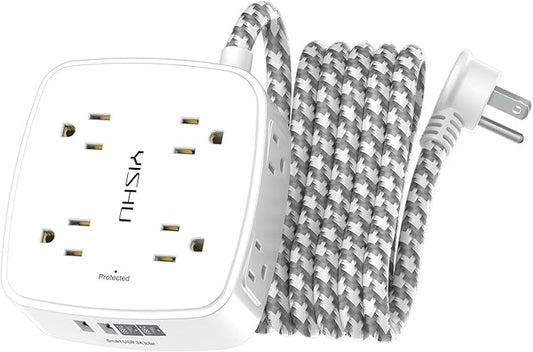 Surge Protector Power Strip - YISHU 8 Outlets with 4 USB (2 USB C) Charging Ports, 10Ft Braided Extension Cord, Flat Plug Multi Plug Outlet Extender Charging Station for Home Office, ETL, White