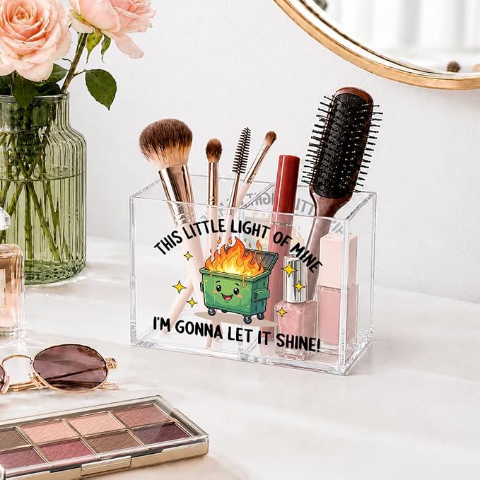 This Little Light Of Mine Acrylic Cosmetic Organizer Pen Holder, Dumpster Fire Office Pencil Holder 2 Compartments, Dumpster Fire Desk Accessories, Inspirational Office Gifts for Coworker