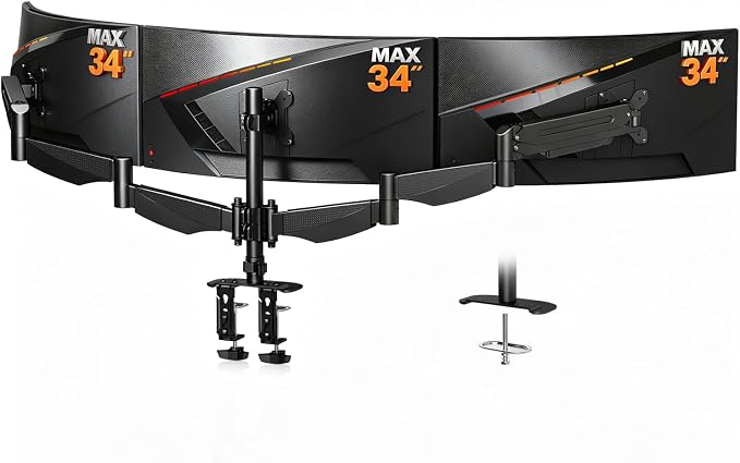 Bracwiser Triple Monitor Mount for 17 to 34 inch Screens, Holds up to 26.45lb, Adjustable Triple Monitors Stand for Desk with Tilt, Swivel, Rotation, Clamp & Grommet Kit, VESA 75/100mm, Black, MDX003P
