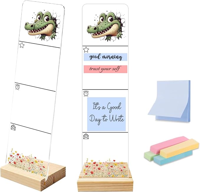 Sticky Note Holder, Monitor Memo Board, Acrylic Post It Note Holder with Wooden Base, Includes 200 Notes, Desk Organizer for Office, Cute Crocodile Design