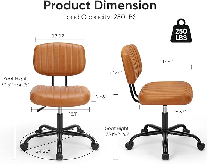 DUMOS Small Office Desk Chair, Armless Vanity Chair with Lumbar Support | PU Leather, 360° Rolling Task, Height Adjustable, Home Bedroom, Adult, Student, Brown