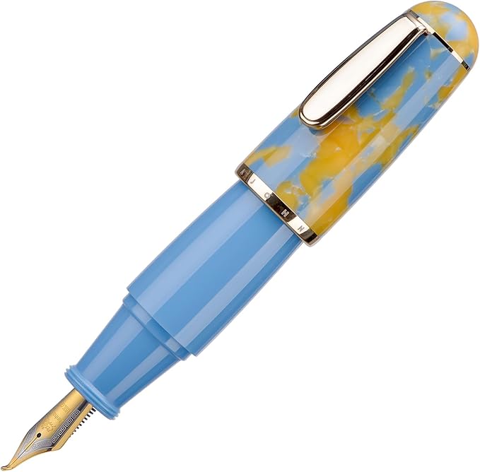 Lanxivi Majohn Q1 Fountain Pen Fude Pen Bent Nib Sky Blue Acrylic, Little Fat Man Eyedropper Filling Pocket Pen Large Capacity