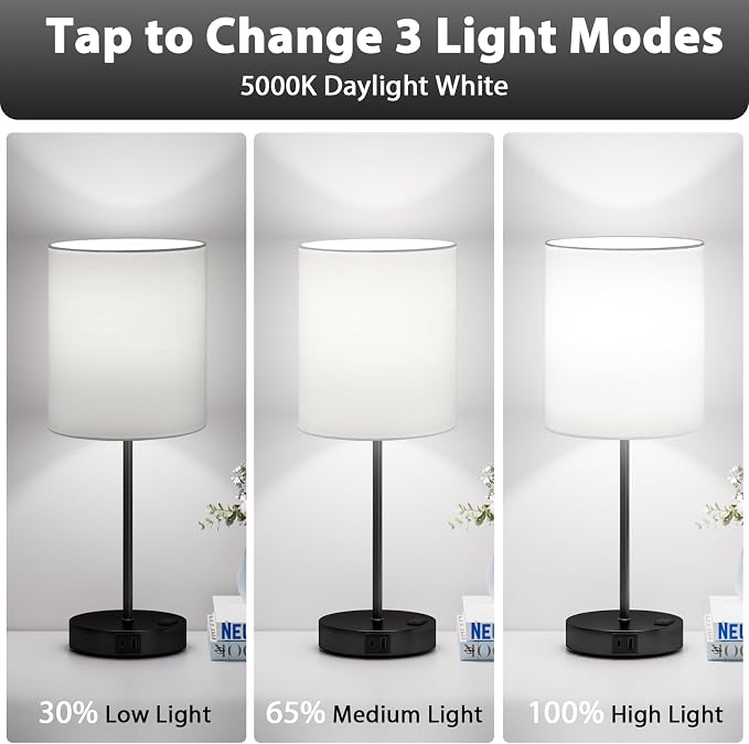 White and Black Lamps for Nightstand Set of 2 - Bedside Table Lamp for Bedroom with Dual USB Ports & AC Outlet, 3-Way Dimmable Lamps for Living Room Boys Room, Night Light with 5000K Daylight Bulbs