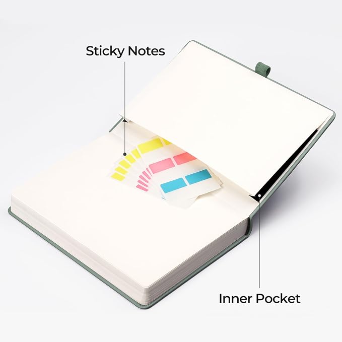 EMSHOI A5 College Ruled Notebook, 320 Numbered Pages 100GSM Ink-Proof Faux Leather Hardcover Lay-Flat Lined Journal for Work Office School Writing, SUN Design, Small 5.75" x 8.38", Green