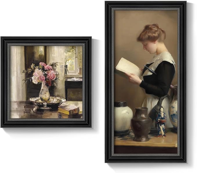 Framed Vintage Wall Art Set of 2 for Bedroom, French Country Cottage Core Canvas Prints Pictures Wall Decor, Victorian Girl Floral Painting for Living Room Office Dining Room Kitchen Wall Decor
