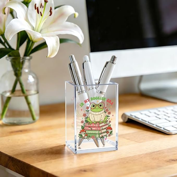 In My Bookish Era Acrylic Cosmetic Pencil Pen Bookmark Storage Holder Cup, Cute Frog Acrylic Storage Holder Cup Gifts for Women Readers Bookish Reader Book Nerdy Librarian Bookworm