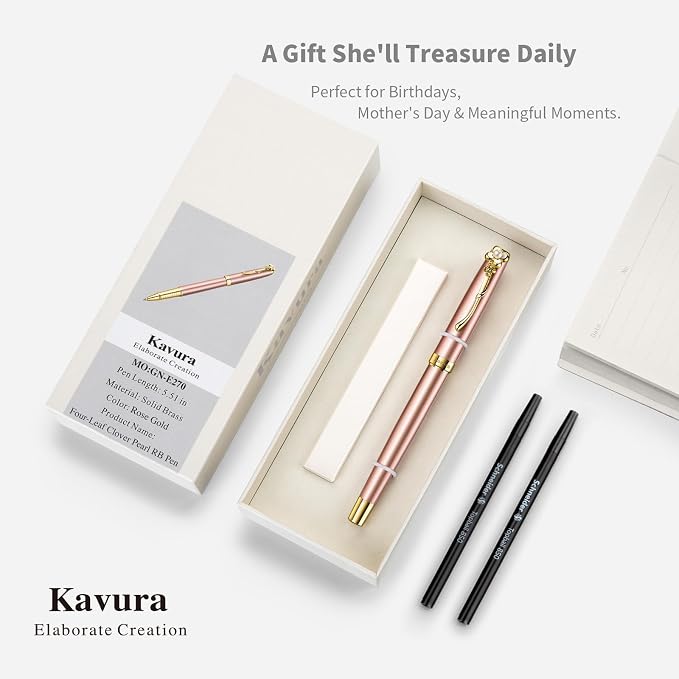 Four-Leaf Clover & Pearl Rollerball Pen – Elegant Brass Pen Gift Set for Women, Jewelry-Inspired Design, Glossy Finish, German Refill, Good Luck Gift for Her, New Job & Graduation (Rose Gold)