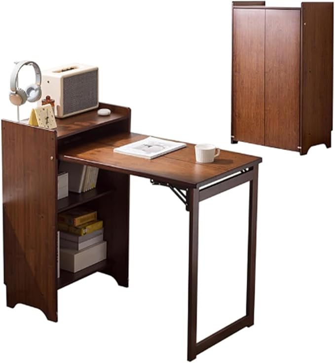 Bamboo Folding Desk with Storage, Space-Saving Foldable Computer Desk for Small Spaces, Vintage Fold Out Hideaway Small Desks Writing Study Table for Bedroom Home Office