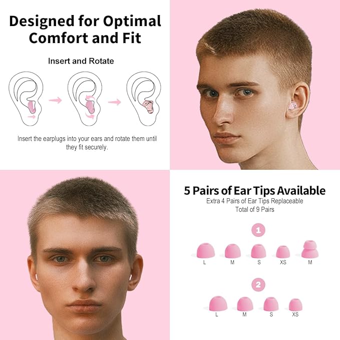 Ear Plugs for Sleeping Ultra-Soft Silicone Earplugs for Noise Cancelling Concerts Reusable Noise Reduction Earbuds for Travel Focus Work 33dB Hearing Protection with 9 Ear Tips & Case (Pink)