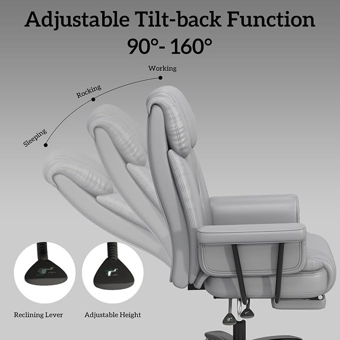 GYI 160 Reclining Office Chair with Footrest, Big & Tall Desk Chair, Grey | Cross Legged Seat, High Back, Faux Leather, Heavy Duty Base, Adjustable Height, for Home, Executive