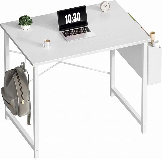 OLIXIS Small Computer Desk, 31 Inch Home Office Desks, Writing Study Craft Work Gaming Table, Computer Workstation for Bedroom Small Spaces with Storage Bag and Headphone Hook, White