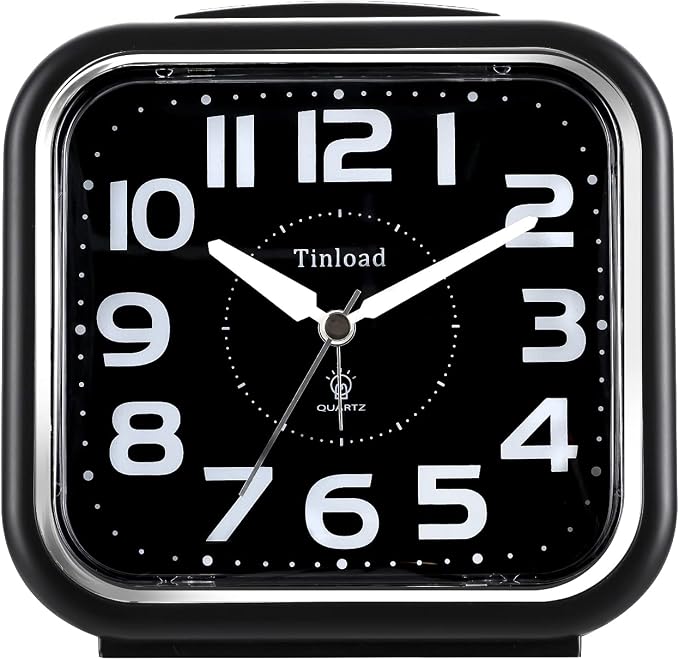 Tinload 5.5" Large Analog Alarm Clock Silent Non Ticking, Gentle Wake, Beep Sounds, Increasing Volume, Battery Operated Snooze and Manual Light, Easy Set, Black (Best for Elder)