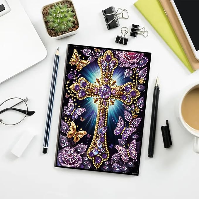 FRANDEK A5 50-Page DIY Diamond Art Painting Notebook with Beautiful Patterns, Purple Cross Special Shaped Diamond Art Craft for Beginners Creative Gift for adults June Back To School