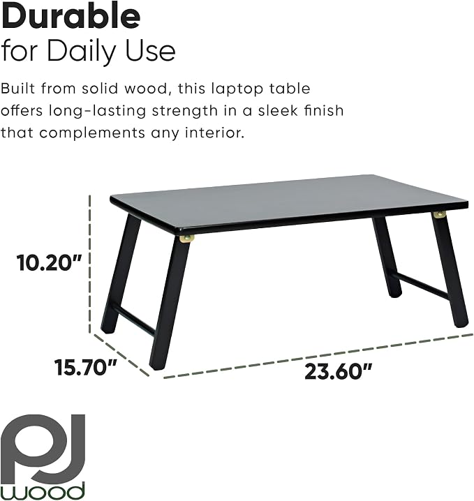 PJ Wood Folding Laptop Desk Tray, Lightweight Portable Table for Bed or Couch Computer Work, Eating at Home, Small Spaces, 24 Inch, Black