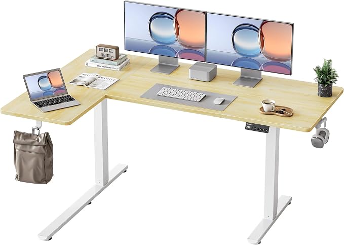 YIHAYO Reversiable L-Shaped Electric Standing Desk, 59 Inches Stand Up Corner Desk, Sit and Stand Up for Work Office Home, Ergonomic Rising Computer Table with Splice Board, Natural