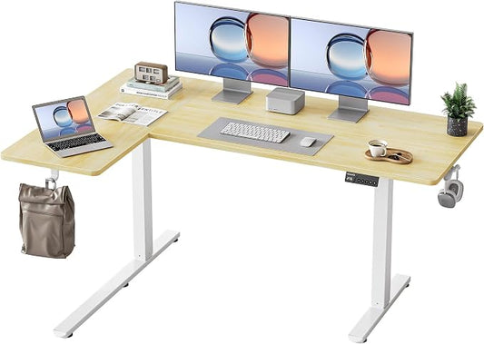 YIHAYO Reversiable L-Shaped Electric Standing Desk, 59 Inches Stand Up Corner Desk, Sit and Stand Up for Work Office Home, Ergonomic Rising Computer Table with Splice Board, Natural