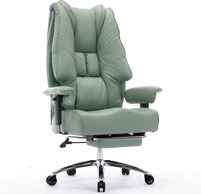 Big and Tall Office Chair 400lbs Wide Seat, Leather High Back Executive Office Chair with Foot Rest, Ergonomic Chairs Lumbar Support for Lower Back Pain Relief (Light Green)