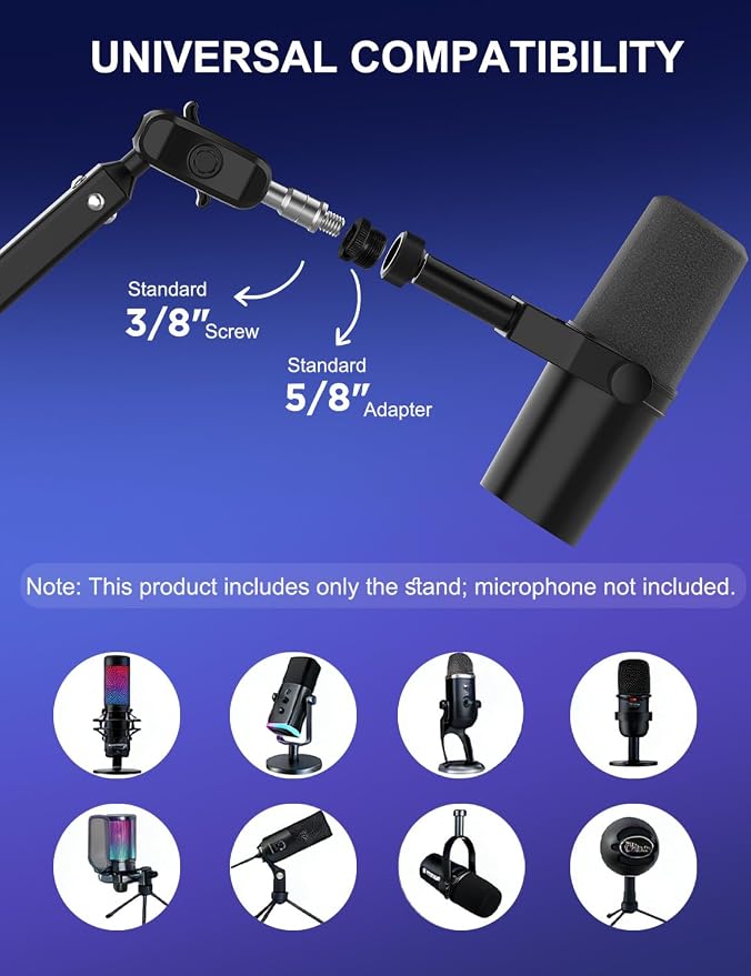 Microphone Boom Arm, 360° Rotatable Heavy Duty Stable Metal Low Profile Mic Arm Stand Desk Mount for Podcast Live Streaming Gaming Studio, with Cable Management, 3/8'' to 5/8'' Adapter