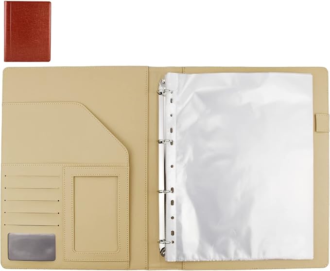 PU Leather Padfolio Ring Binder with Clipboard Resume Leather Portfolio with 20 Clear Plastic Sleeves Brown
