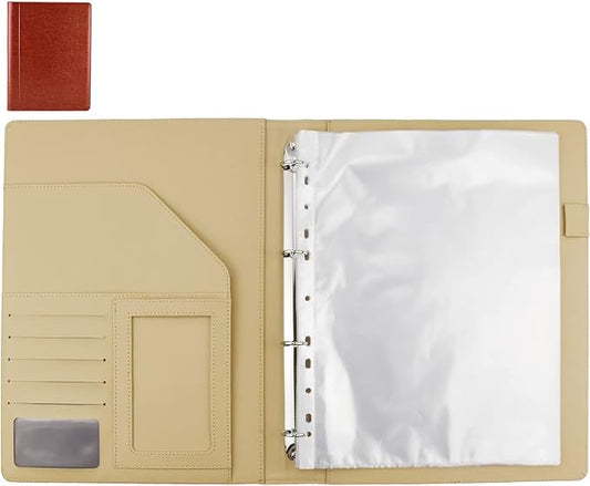 PU Leather Padfolio Ring Binder with Clipboard Resume Leather Portfolio with 20 Clear Plastic Sleeves Brown