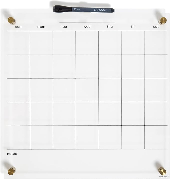 U Brands Acrylic Monthly Dry Erase Calendar White Board, Clear with Gold Finish Hardware, 16” x 16”