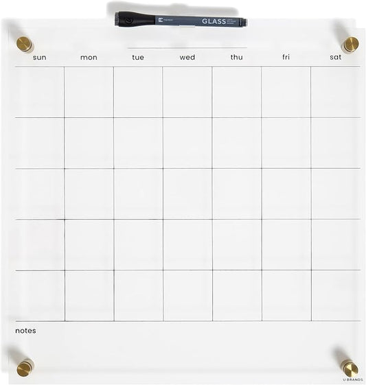 U Brands Acrylic Monthly Dry Erase Calendar White Board, Clear with Gold Finish Hardware, 16” x 16”