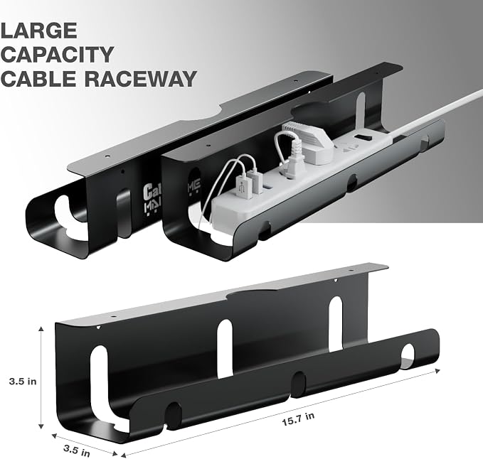 Under Desk Cable Management Tray, 2 Pack 16 Inch Black Metal Cord Organizer, No Drill Adhesive or Screw Mount for Glass/Marble/Office/Gaming Desk, Black