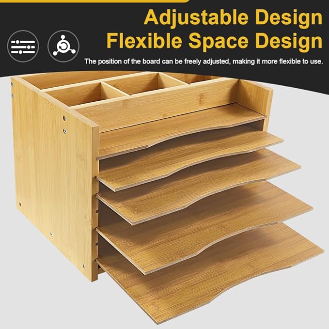 5-Tiers Bamboo File Organizer Paper Organizer Mail Sorter Document Letter Trays Desk Organizer with 4 Dividers for Office Home Study Desk Storage (Natural Color)