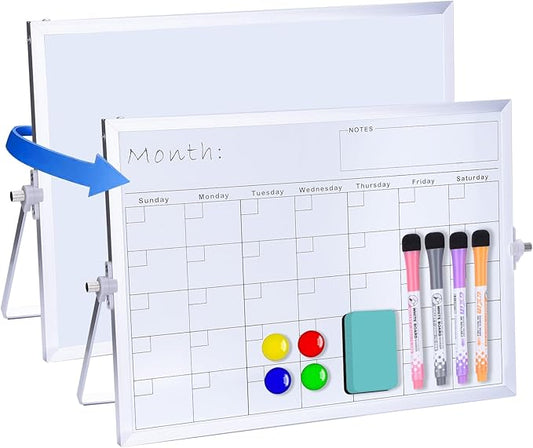 Portable Double-Sided Dry Erase Whiteboard with Stand - 14"x10" Magnetic Monthly & Weekly Planner, Small Desktop Whiteboard for Home, Office & School Use