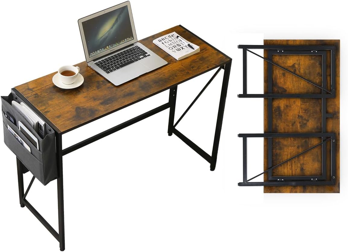 Modern Foldable Writing Computer Desk with Storage Bag, No-Assembly Study Office Desk for Small Spaces, Home Office, Rustic Brown, 39.4 inch
