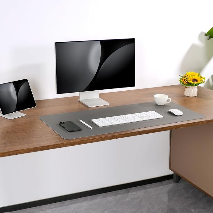 Dual Sided Desk Pad Faux Leather Desk Mat Large Mouse Pad | Desk Pad Protector Non-Slip Waterproof Desk Mouse Pad for Writing Desk, Office, Home(Gray 31.5"X15.7")