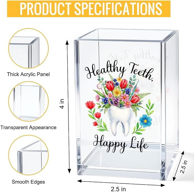 Healthy Teeth Happy Life Floral Nurse Acrylic Pen Holder Cup | Cosmetic Pencil Pen Bookmark Storage, Gifts for Dentist Dental Assistant Orthodontist, Gifts for New Dentists Med Student