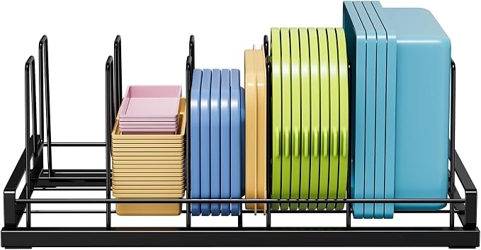 Food Container Lid Organizer Rack with Adjustable 6 Dividers, Black | Full-Metal Pot and Pan Organizer Holder for Home Kitchen Cabinets, Drawers, Countertop, Cupboards, Pantry Shelves Storage