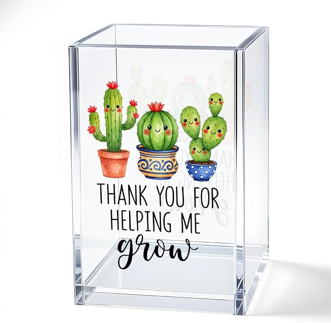 Thank You For Helping Me Grow Acrylic Cosmetic Pencil Pen Bookmark Storage Holder Cup, Funny Plant Holder Cup Gifts for Women Teacher Mentor Professor Librarian, Thank You Gifts for Teacher