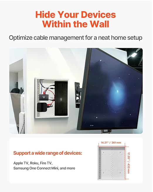 VEVOR Structured Media Enclosure, 17-Inch, Recessed in-Wall Media Box with Cover, Wall-Mount Cable Management Box Kit, Structured Wiring Multi-Media Cabinet, Cold-Rolled Steel, for TV Home Theater