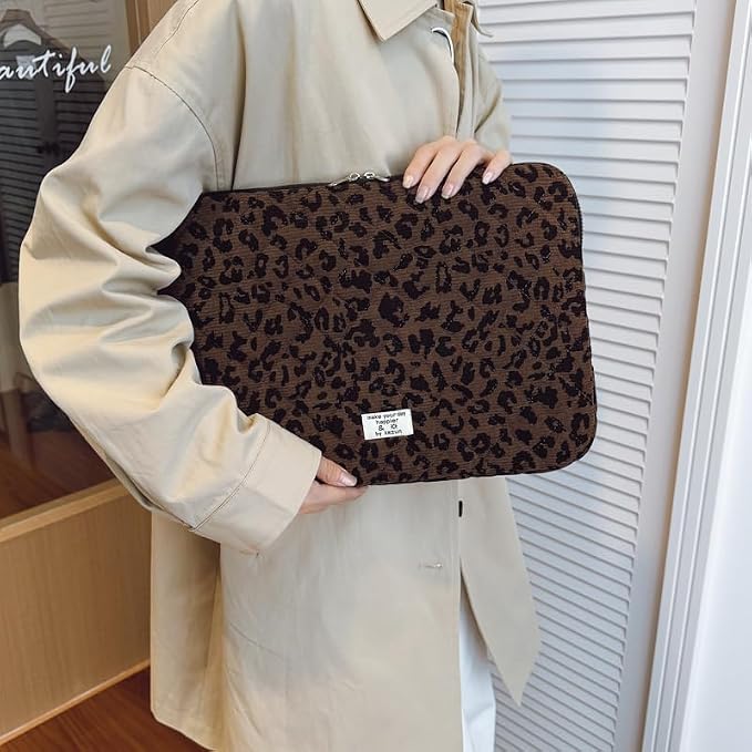 Cute Bow Puffy Laptop Sleeve 13-15 Inch Cute Quilted Laptop Protective Case Padded Bow Computer Sleeve for MacBook (Leopard Coffee, 13inch)