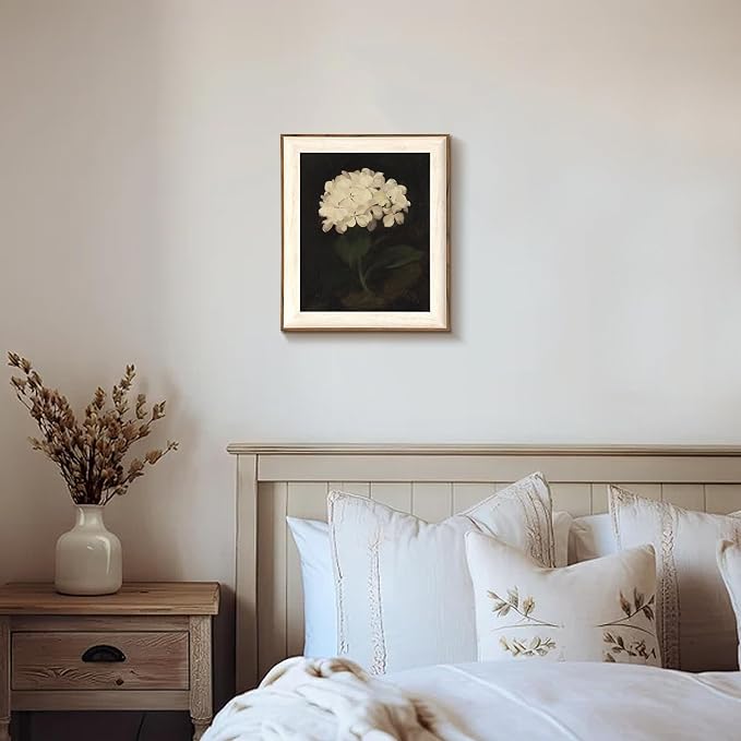 Framed Flower Wall Art, Vintage White Hydrangea Still Life Floral Art Prints, Moody Vintage Canvas Oil Painting, Antique Botanical Floral Wall Decor Pictures for Bedroom, Kitchen, Shelf, Bathroom Wall Decor - 10x12Inch